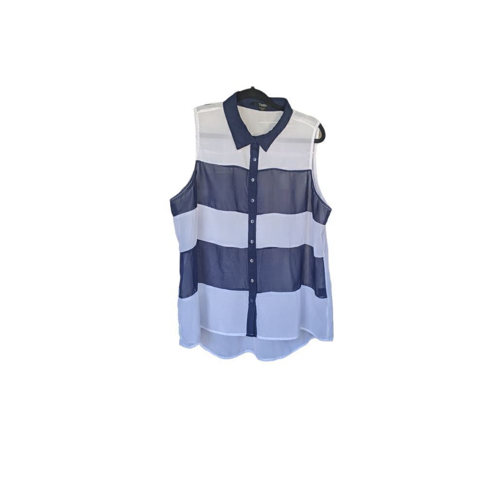 Toxik3 Blue and White Striped Collared Sheer Button-Closure Blouse in Size: 2X